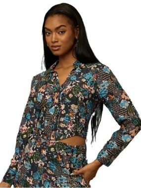 Love The Label XS Floral Patchwork Button-Front Crop Blouse - Teal & Black